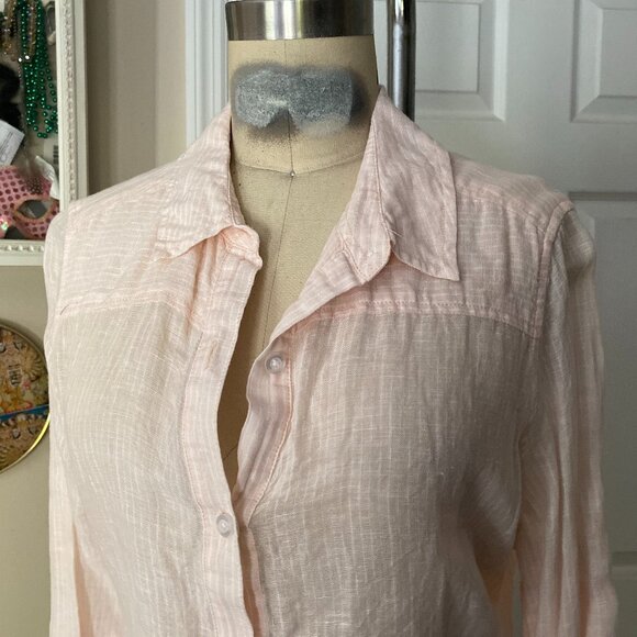 LUCKY BRAND Pink White Pin Stripe 100% LINEN Long Tunic Shit *MEDIUM* - Picture 2 of 6